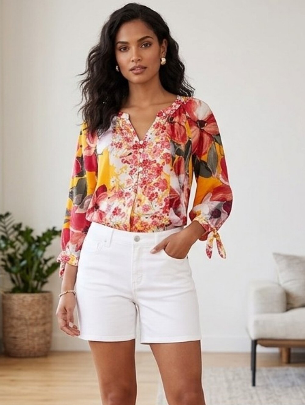 Fig & Flower Floral Print 100% Rayon Blouse -  Yellow/Red Mixed Print Boho Top